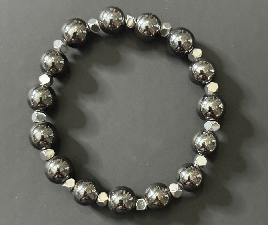 Hematite Bracelet — Round Beads w/ Hex Spacers