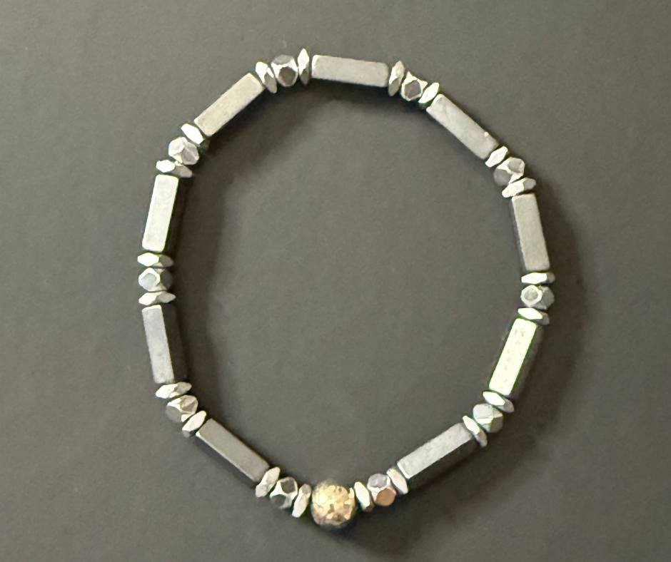 Hematite Bracelet — Unpolished Bars + Sterling Anchor