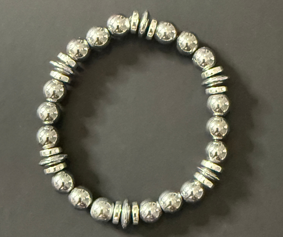 Hematite Bracelet — Silver Rounds + Disc Accents
